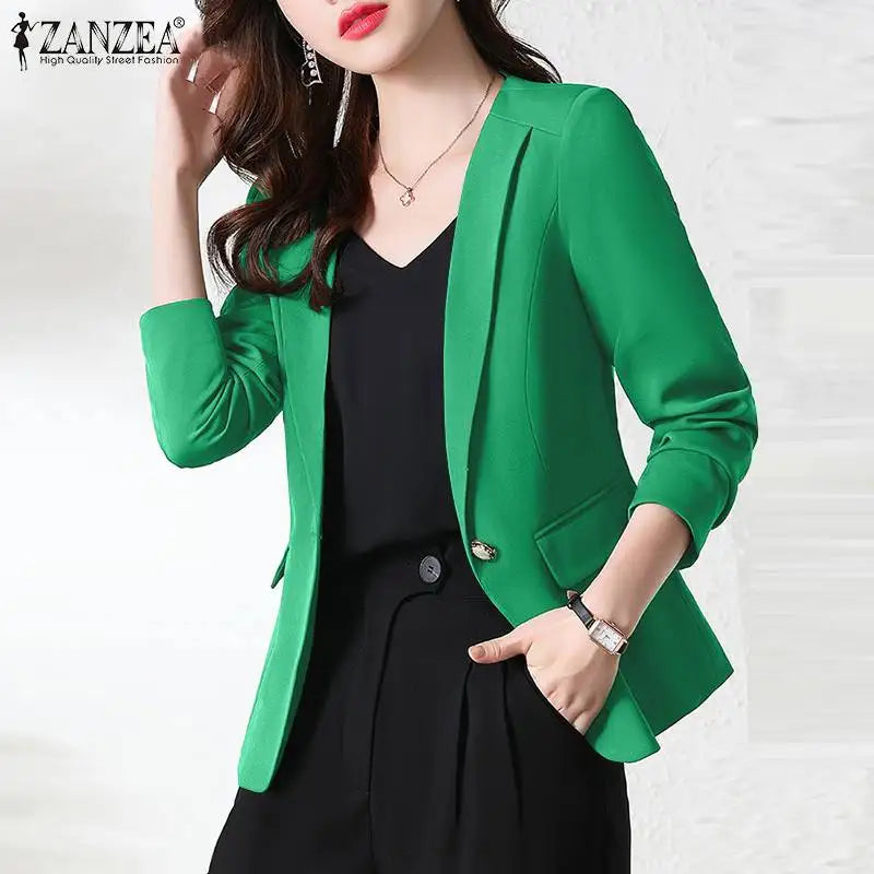 Women Blazer by ZANZEA Women Elegant OL Jackets Casual Slim Outwear Solid Lapel Neck Long Sleeve Work Thin Coats