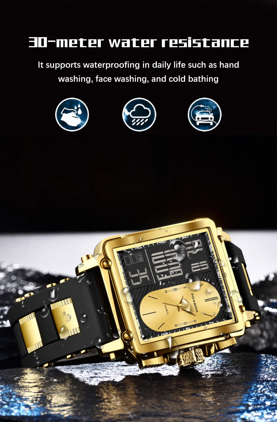 Foxbox Square Digital Watch Men Waterproof Men's Quartz Wristwatch Chronograph Watch