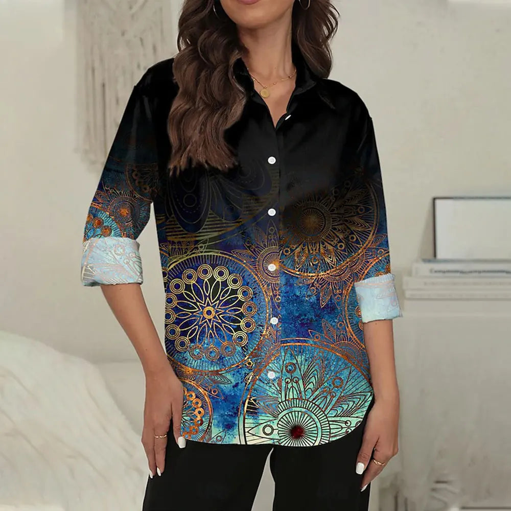 Women's Long Sleeve Shirt 3D Flower Printed Button Long Sleeve Tops Women's Blouse For Office Lady Clothing