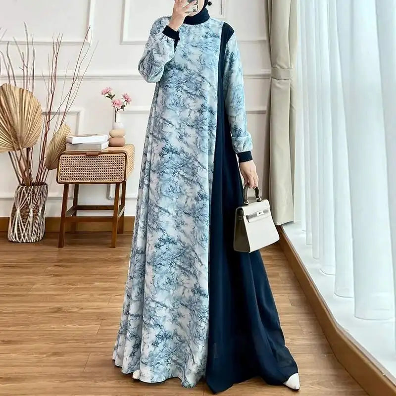 Women Spring Patchwork Maxi Dress ZANZEA Floral Printed Muslim Abaya Robe Femme Long Sleeve Dubai Sundress Islamic Clothing 2024