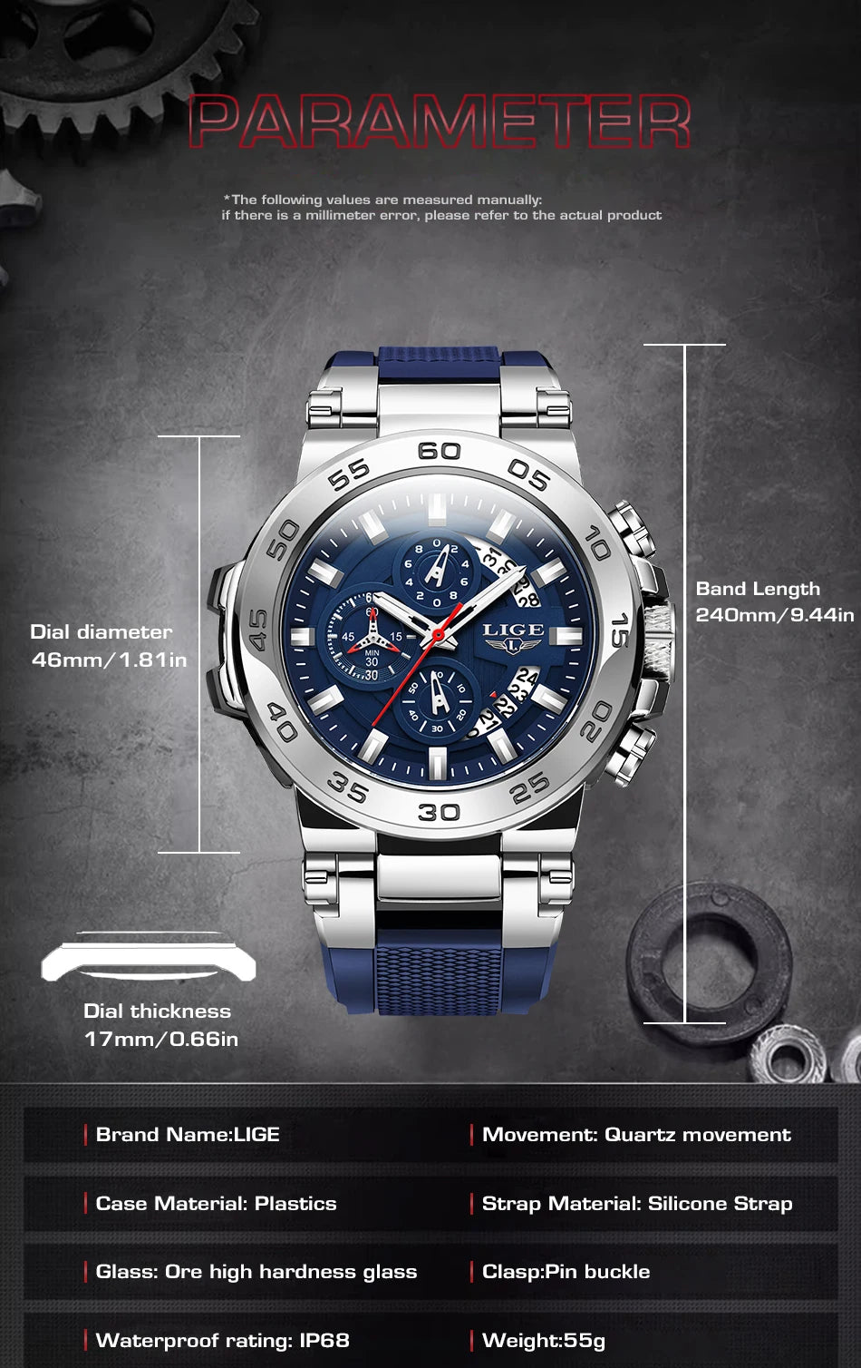 LIGE Men's Watches Top Luxury Brand Big Dial Waterproof Quartz Wristwatch Sport Chronograph Clock