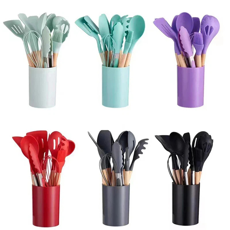 12-piece silicone kitchen utensils set with wooden handles in colorful storage buckets, eco-friendly and high temperature resistant.