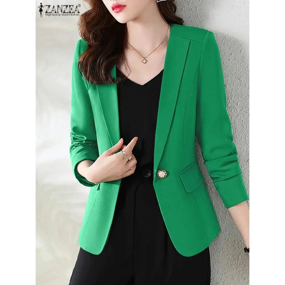 Women Blazer by ZANZEA Women Elegant OL Jackets Casual Slim Outwear Solid Lapel Neck Long Sleeve Work Thin Coats