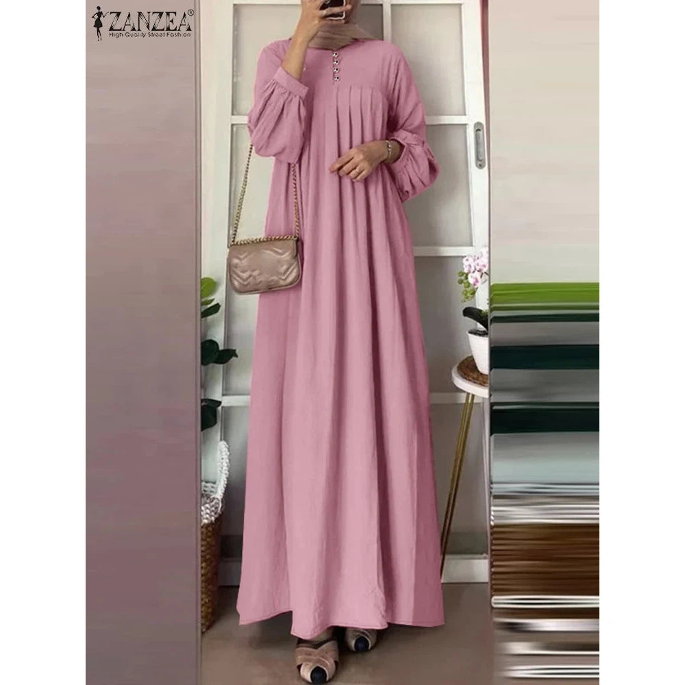 Abaya, Long Dress, Maxi for Muslim Women ZANZEA Vintage Autumn Sundress Fashion Long Lantern Sleeve Solid Maxi Dress Robe