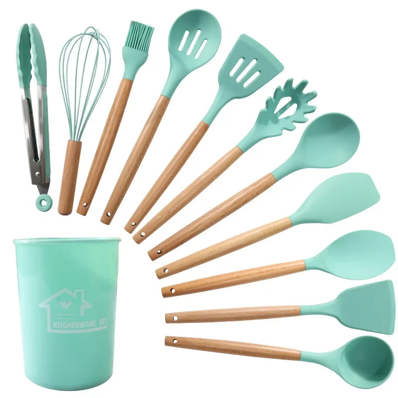 12PCS silicone non-stick cookware set with wooden handles, featuring spatulas and egg beaters.