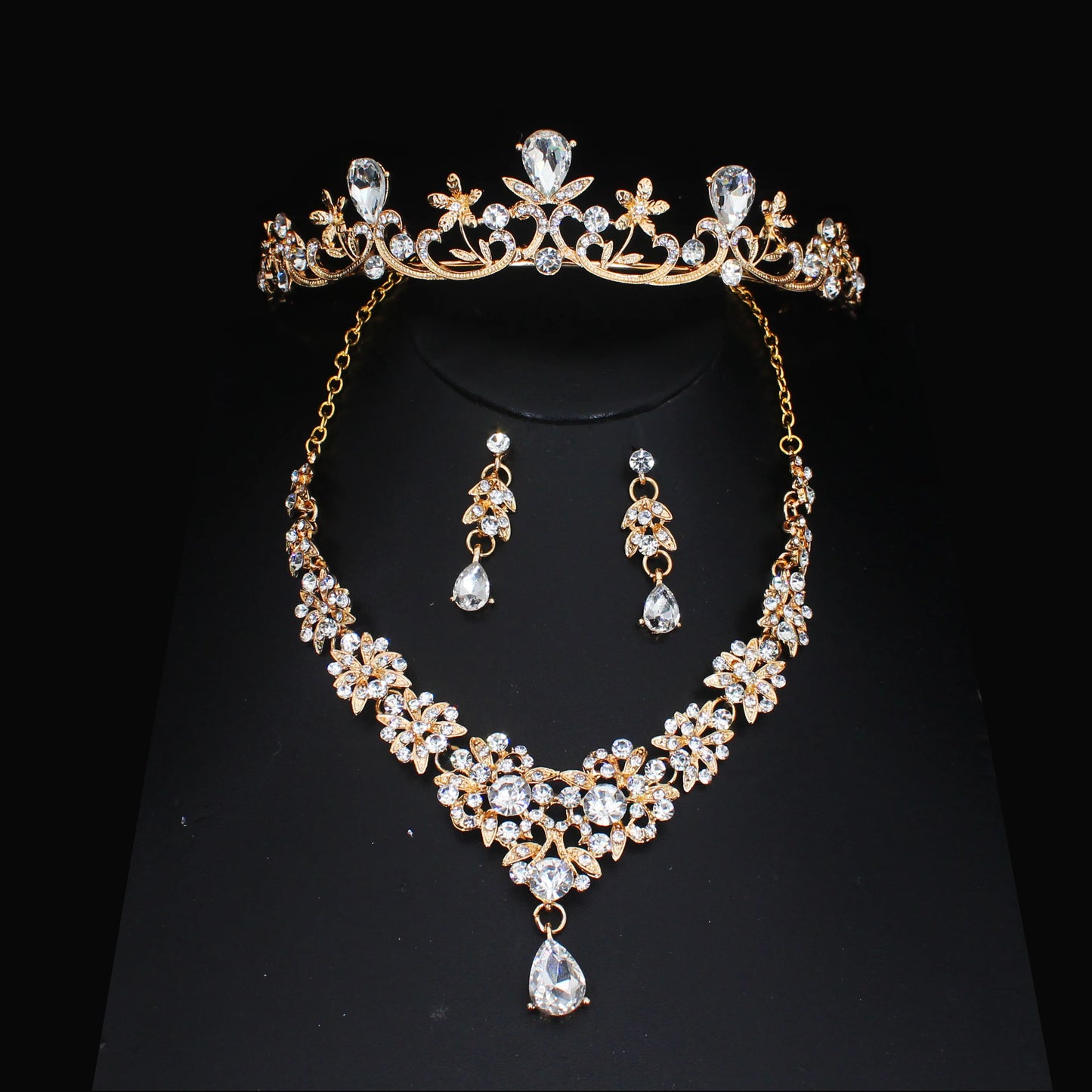 Crystal Wedding Bridal Jewelry Sets Women/Girl Gold Color Tiara/Crown Earrings Choker Necklace Bride Jewelry Set