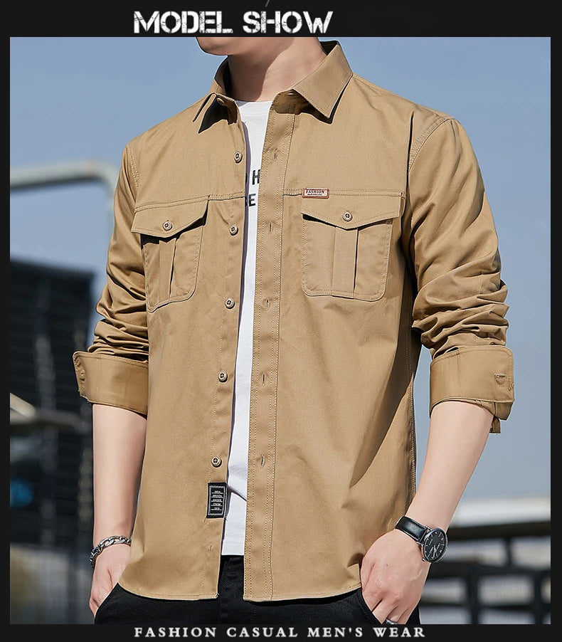 Men's Shirt Cotton New Cargo Style Long Sleeve Outdoor Casual High Quality Clothing