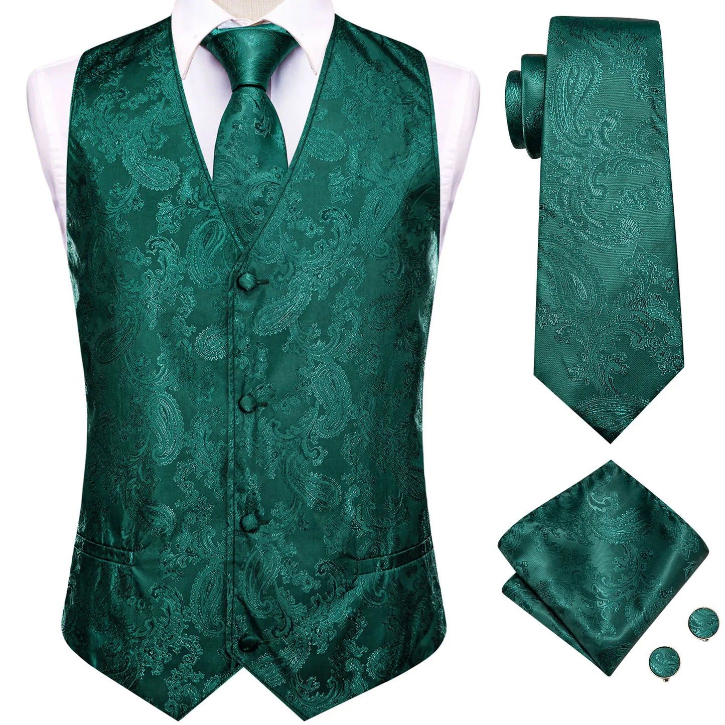 Men Suit Vests Hi-Tie Silk 4PC Woven Floral Black Waistcoat Tie Pocket Square Cufflink Business Wedding Dress Waist Jacket