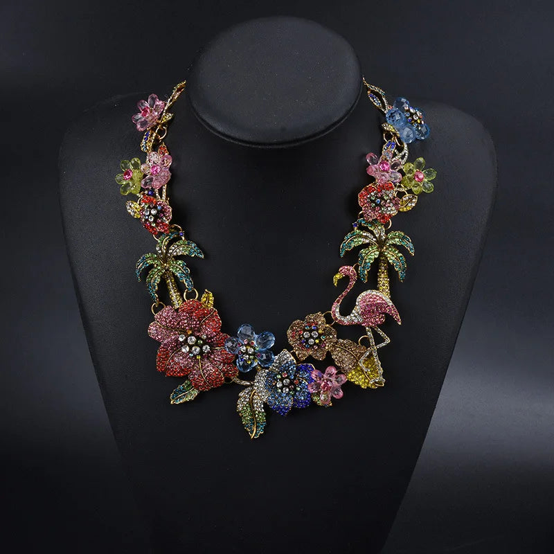 Necklace Colorful Crystal Rhinestone Flower Flamingo Necklace Choker Necklace