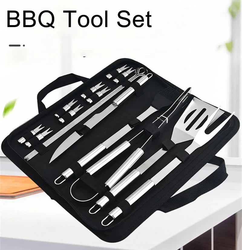 Stainless steel barbecue tool set in black fabric case, 9-piece kit for outdoor grilling.