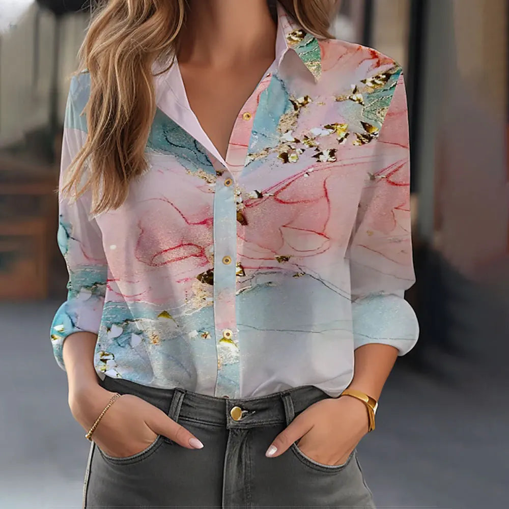 Women's Long Sleeve Shirt 3D Flower Printed Button Long Sleeve Tops Women's Blouse For Office Lady Clothing