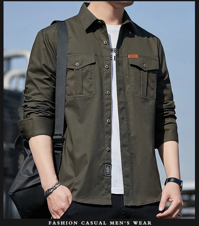 Men's Shirt Cotton New Cargo Style Long Sleeve Outdoor Casual High Quality Clothing