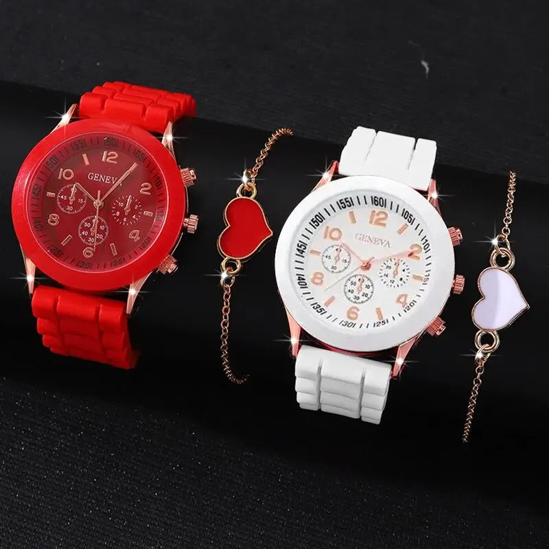 Women Quartz Watch in Silicon Strip in (4 Pcs Set, 2pcs Watch, & 2 pcs Bracelet) Watches Luxury Set