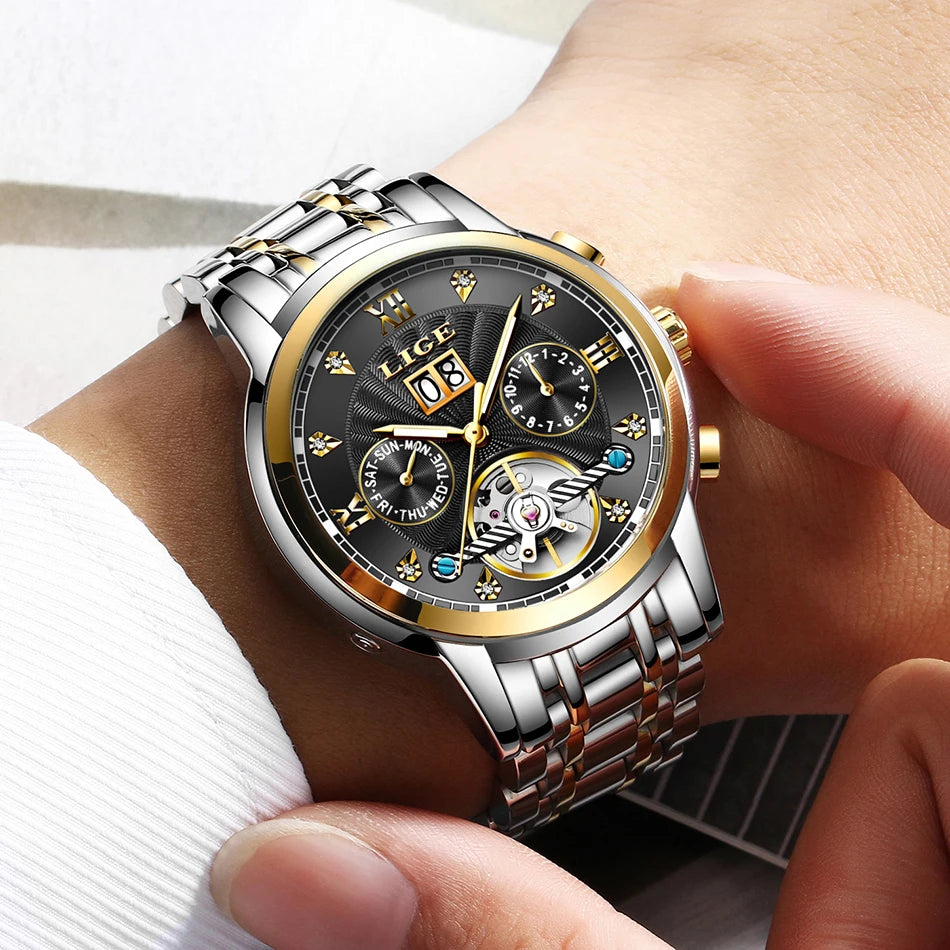 LIGE Luxury Tourbillon Watch for Men Sport Men's Mechanical Wristwatches Casual Waterproof Automatic Watch