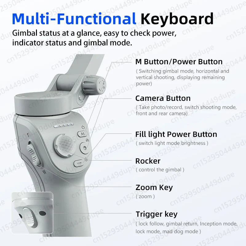 Multi-functional keyboard on a 3-axis gimbal stabilizer with buttons for power, camera, fill light, rocker, zoom, and trigger functions.