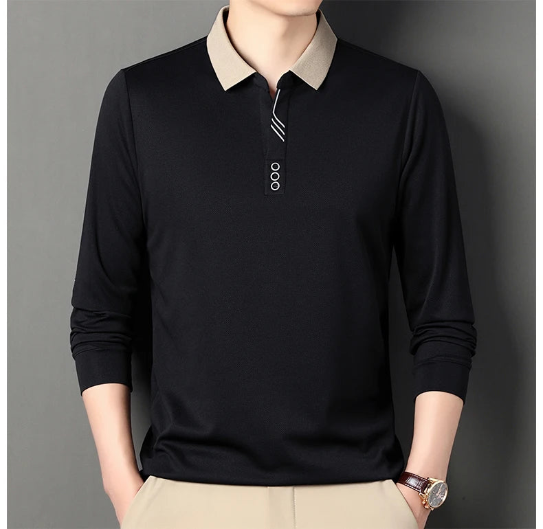 Men's Polo T-Shirt Casual Waffle Long Sleeve T-shirt Spring Autumn Elastic Lapel Base Shirt Top Brand Male Clothes