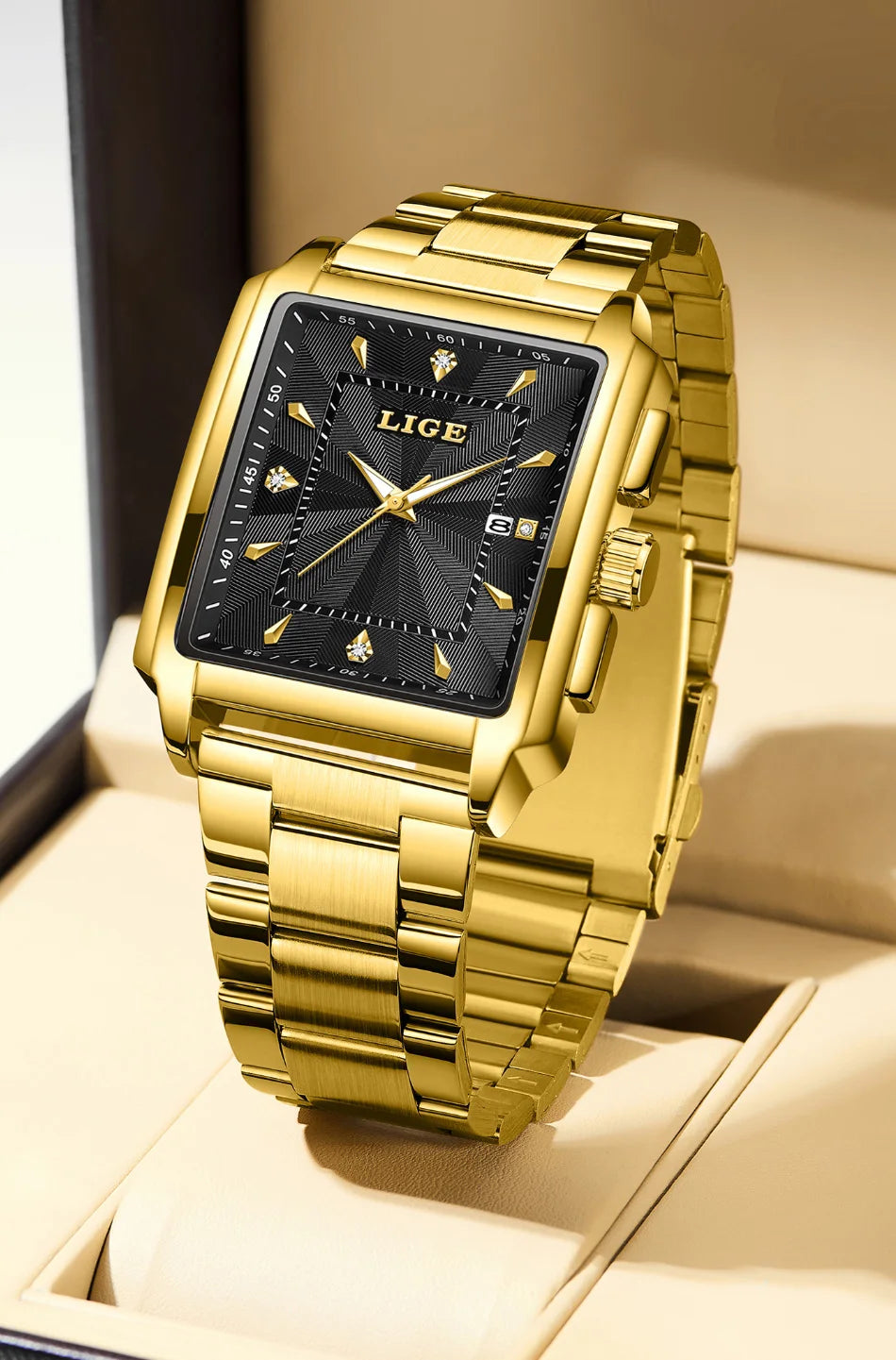 LIGE Men Square Gold Watch Top Brand Luxury Quartz Watches Stainless Steel Waterproof Wristwatch Relogio Masculino