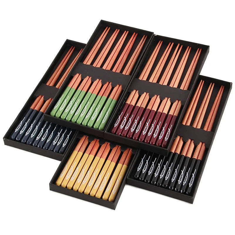 5 Pair Wooden Chopsticks in Multi-Color Gift Box, Eco-Friendly Non-Slip Tableware Set