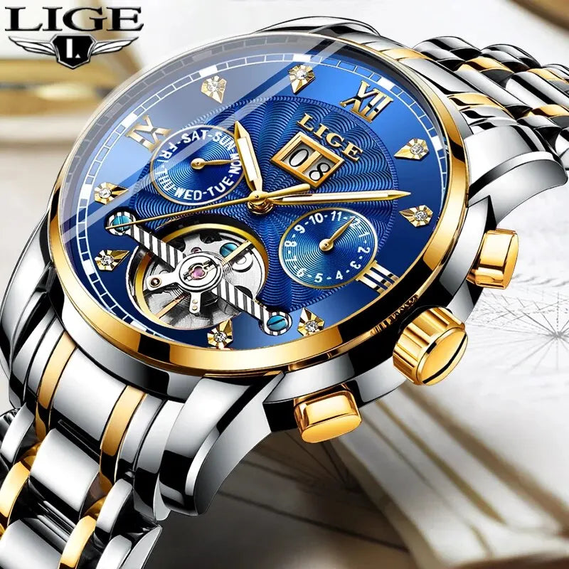 LIGE Luxury Tourbillon Watch for Men Sport Men's Mechanical Wristwatches Casual Waterproof Automatic Watch