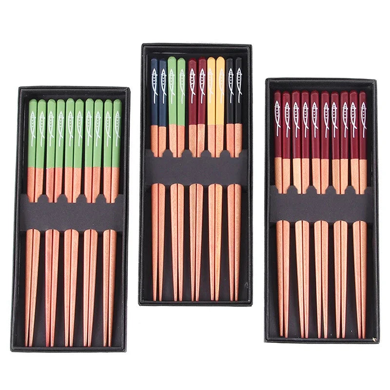 5 pair multi-color non-slip wooden chopsticks set in gift box, eco-friendly bamboo tableware.