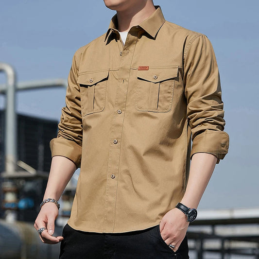 Men's Shirt Cotton New Cargo Style Long Sleeve Outdoor Casual High Quality Clothing