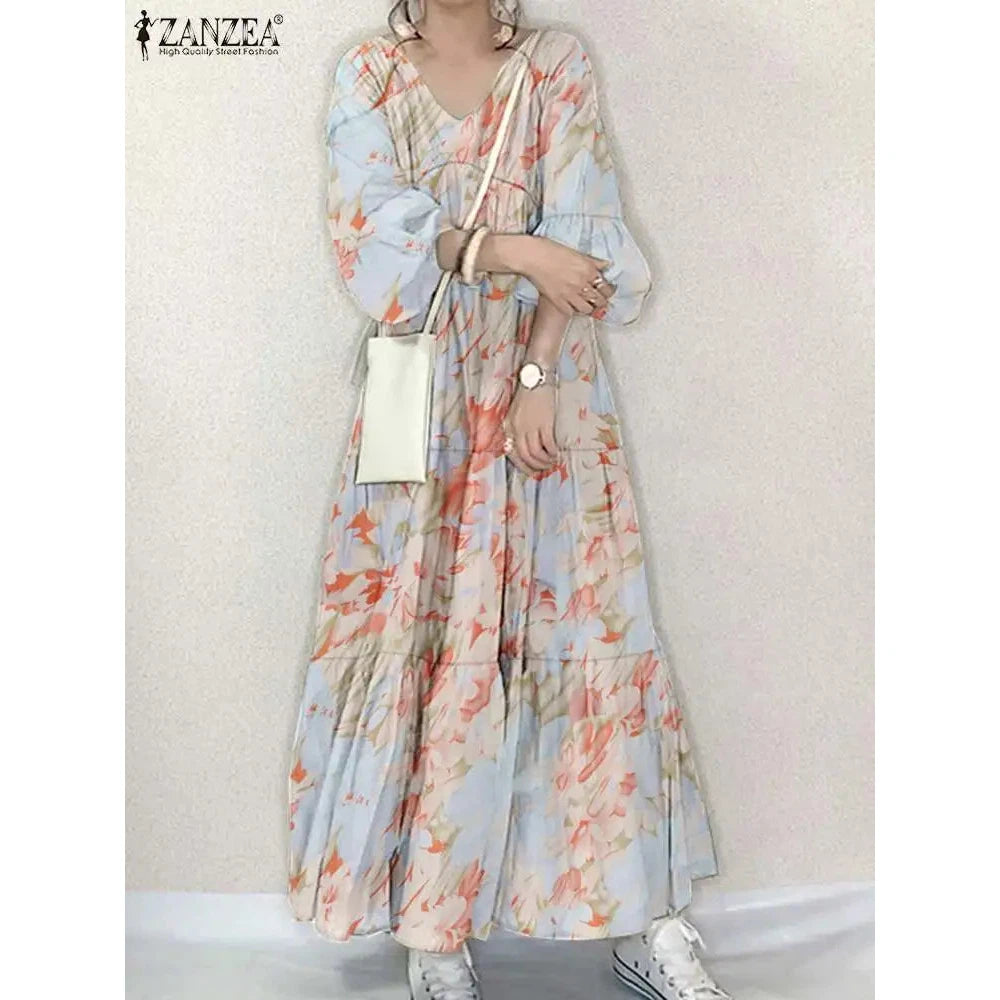 Women Long Causal Dress ZANZEA Fashion Floral Printed Autumn Long Sleeve Loose Holiday Sundress Robe