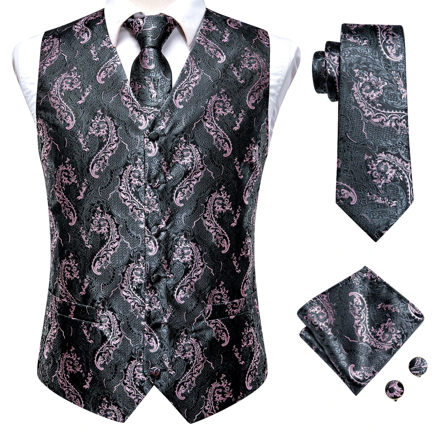 Men Suit Vests Hi-Tie Silk 4PC Woven Floral Black Waistcoat Tie Pocket Square Cufflink Business Wedding Dress Waist Jacket