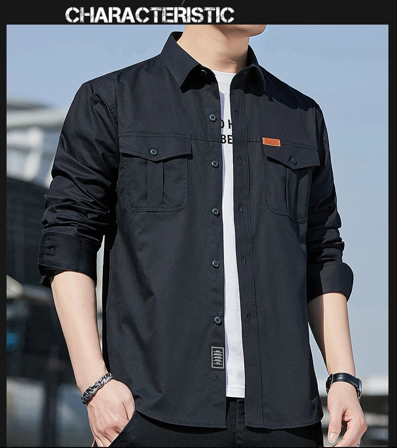 Men's Shirt Cotton New Cargo Style Long Sleeve Outdoor Casual High Quality Clothing