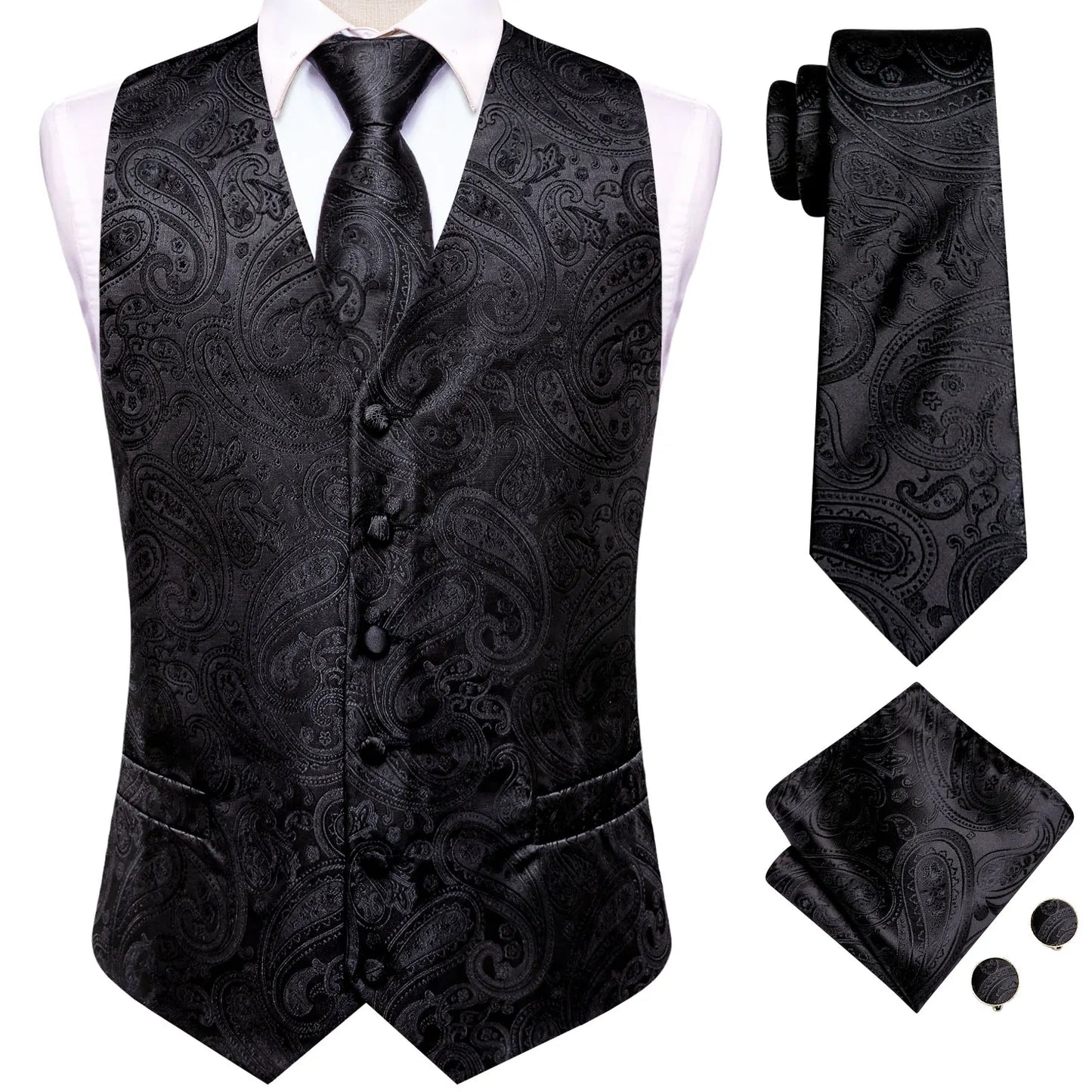 Men Suit Vests Hi-Tie Silk 4PC Woven Floral Black Waistcoat Tie Pocket Square Cufflink Business Wedding Dress Waist Jacket