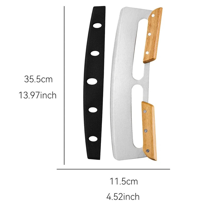 14 inch stainless steel pizza cutter with wooden handles and protective cover.