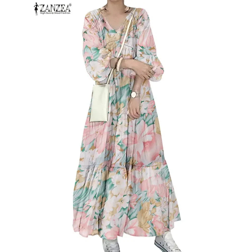 Women Long Causal Dress ZANZEA Fashion Floral Printed Autumn Long Sleeve Loose Holiday Sundress Robe