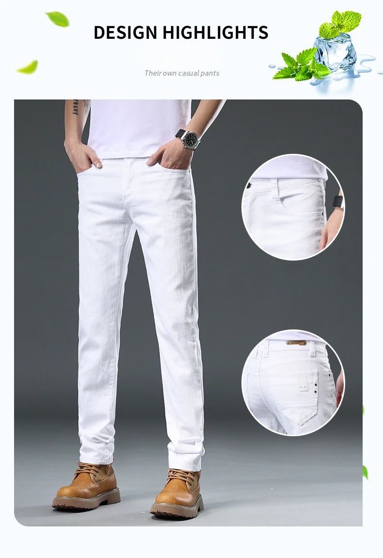 Men's Jean Slim Casual Jeans Pure White Stretch Straight Gentleman's Jeans Long Trousers Classic