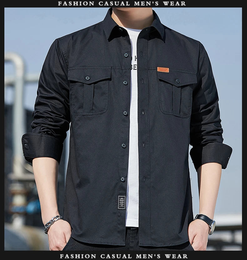 Men's Shirt Cotton New Cargo Style Long Sleeve Outdoor Casual High Quality Clothing