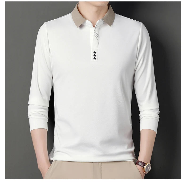 Men's Polo T-Shirt Casual Waffle Long Sleeve T-shirt Spring Autumn Elastic Lapel Base Shirt Top Brand Male Clothes