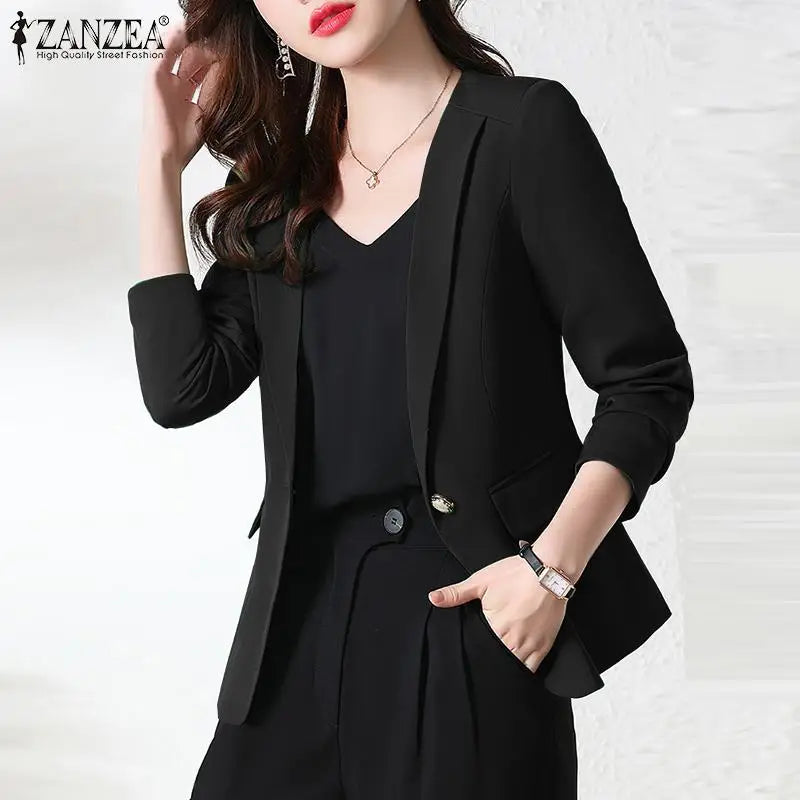 Women Blazer by ZANZEA Women Elegant OL Jackets Casual Slim Outwear Solid Lapel Neck Long Sleeve Work Thin Coats