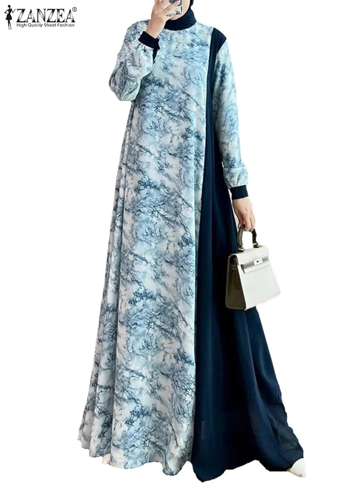 Women Spring Patchwork Maxi Dress ZANZEA Floral Printed Muslim Abaya Robe Femme Long Sleeve Dubai Sundress Islamic Clothing 2024