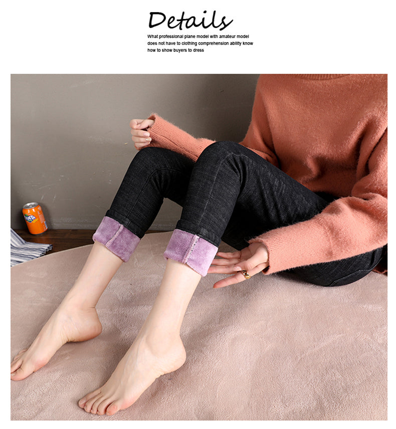 Women Jean Casual Thick Thermal  Winter New Skinny Stretch waist Jeans Fleece Pencil Pants Plush Warm Trousers