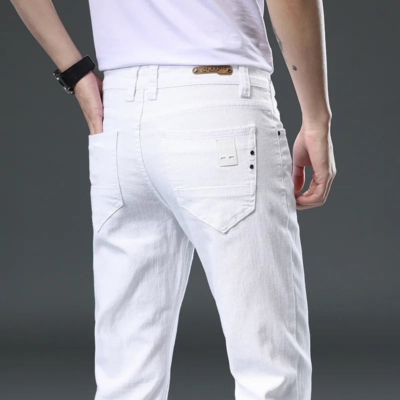 Men's Jean Slim Casual Jeans Pure White Stretch Straight Gentleman's Jeans Long Trousers Classic