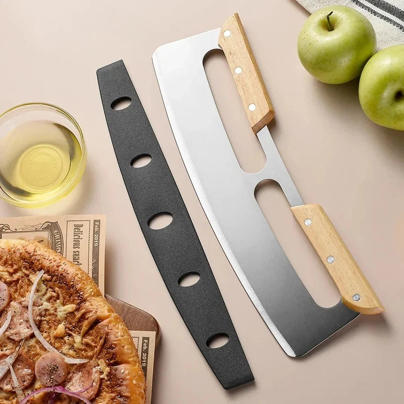 14 Inch stainless steel pizza cutter with wooden handles and protective cover.