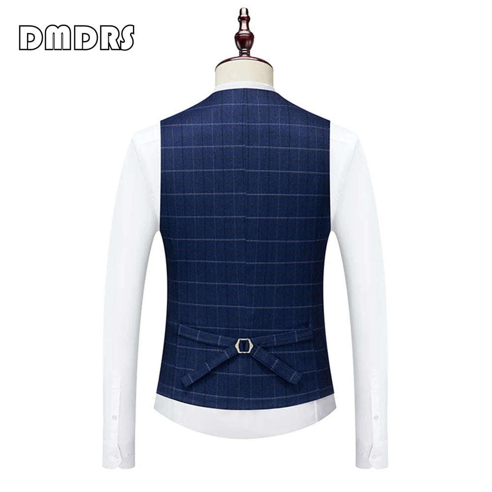 Men's Suit with Tuxedo Jacket Vest & Pants Three Pieces Tux Classy Slim Fit Suit Set for Navy Plaid Smart Formal Set and  Wedding Party Outfit (no shoes)