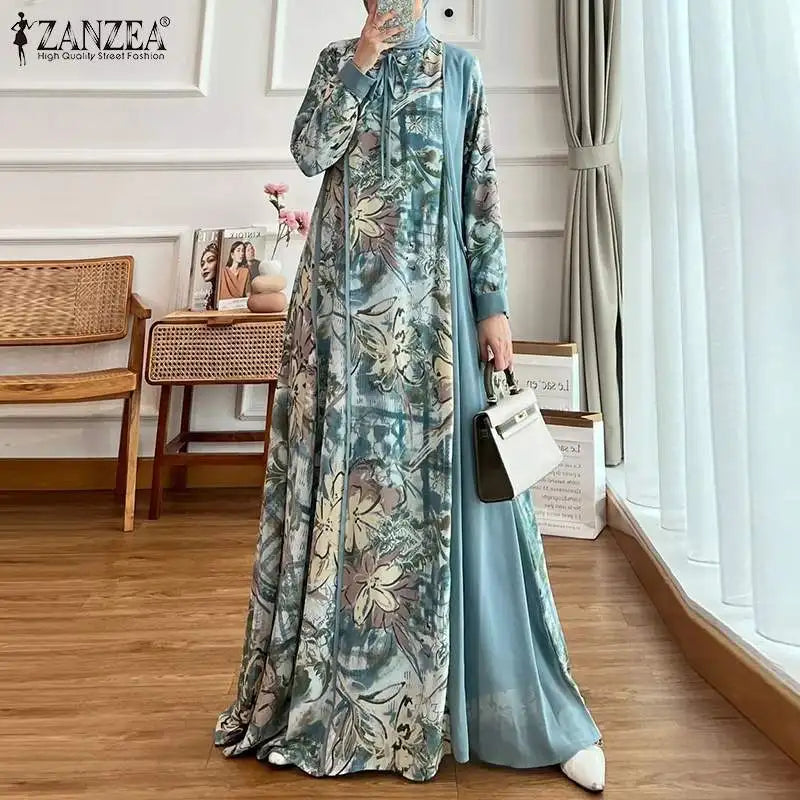 Abaya Muslim Fashion Long Sleeve O Neck Abaya Robes ZANZEA Women Elegant Floral Printed Patchwork Long Dresses