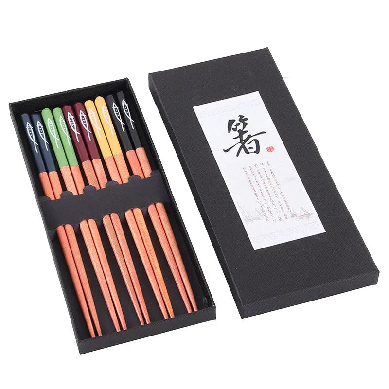 5 pair wooden chopsticks set in multicolor, eco-friendly bamboo, non-slip design, gift box packaging.