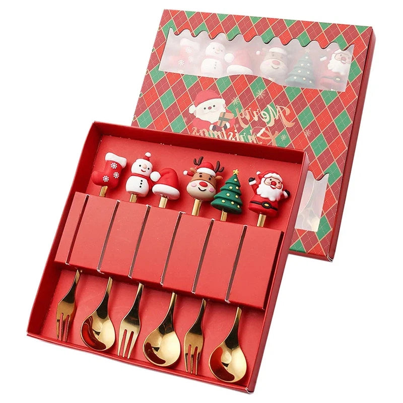 Christmas-themed stainless steel coffee spoons and forks set in a decorative red gift box.