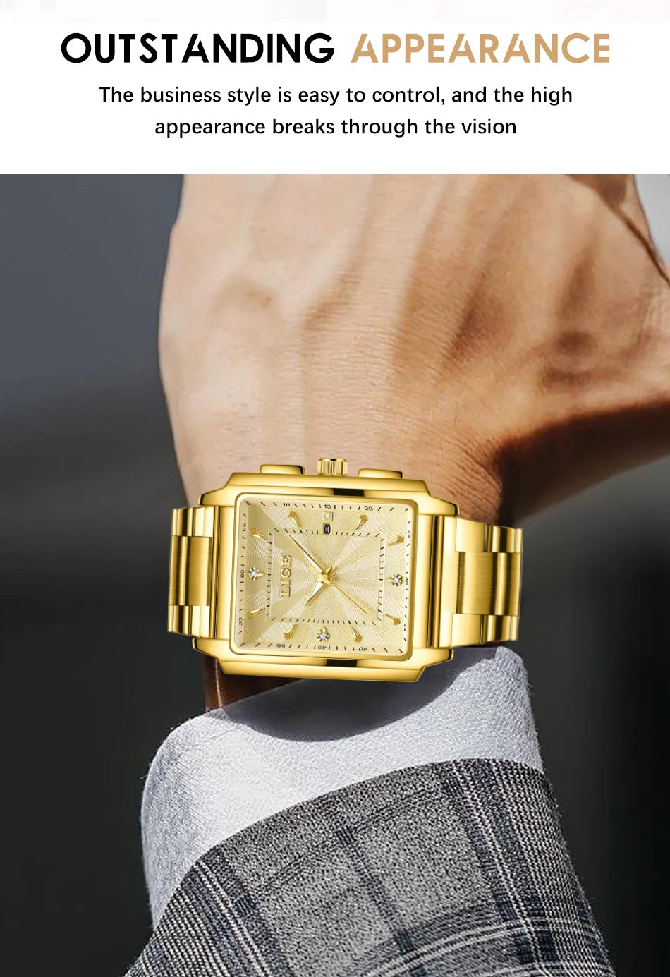 LIGE Men Square Gold Watch Top Brand Luxury Quartz Watches Stainless Steel Waterproof Wristwatch Relogio Masculino