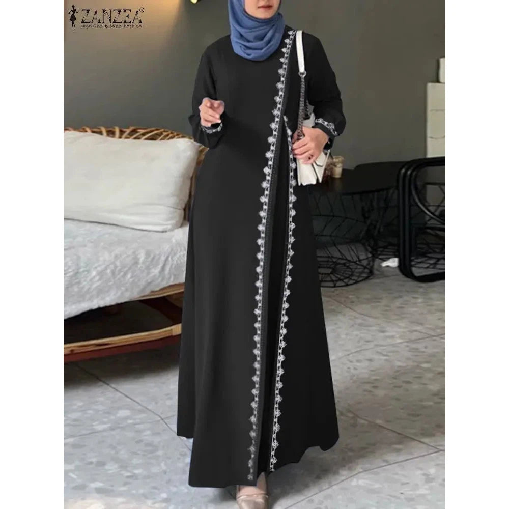 ZANZEA Spring Lace Crochet Maxi Dress Muslim Turkey Abaya Elegant Loose Vestidos Women Long Sleeve O Neck IsIamic Robe Kaftan