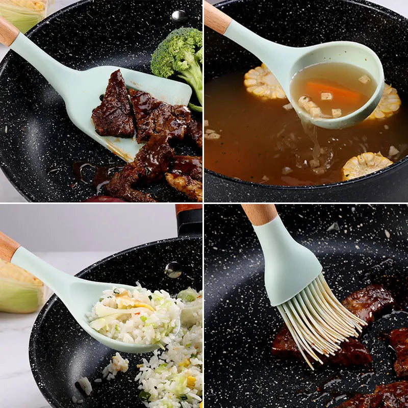 Silicone non-stick cookware set with wooden handles, featuring spatulas and egg beaters in use.