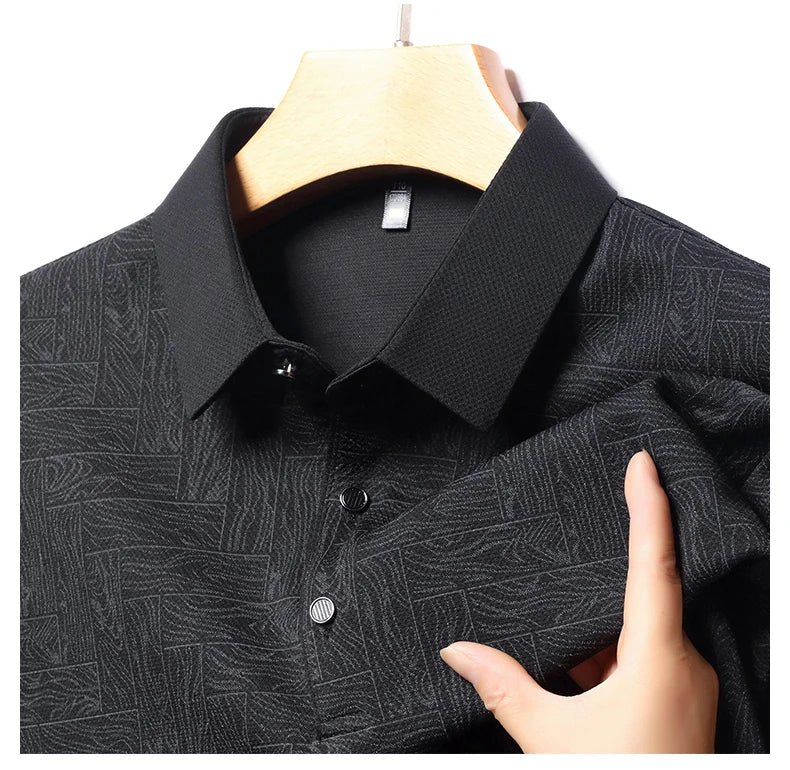 Men's Polo Shirt Hollow Printing Lapel Long-sleeved Business Fashion Male T-Shirt Golf Bottoming Shirt Top