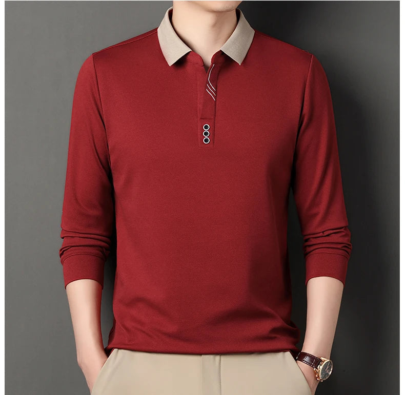 Men's Polo T-Shirt Casual Waffle Long Sleeve T-shirt Spring Autumn Elastic Lapel Base Shirt Top Brand Male Clothes