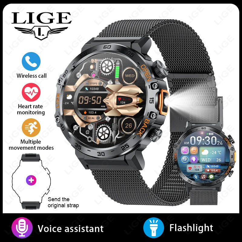 LIGE 2025 Smart Watch Men 360*360 AMOLED HD Screen Waterproof Sport Fitness Watches Flashlight