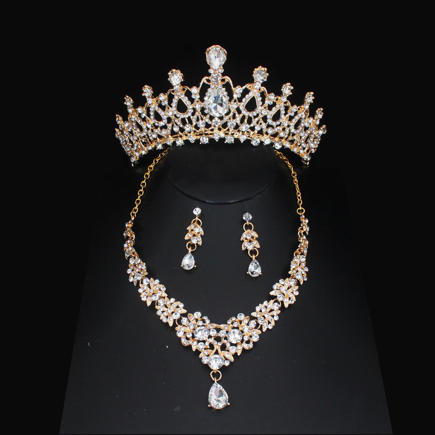 Crystal Wedding Bridal Jewelry Sets Women/Girl Gold Color Tiara/Crown Earrings Choker Necklace Bride Jewelry Set